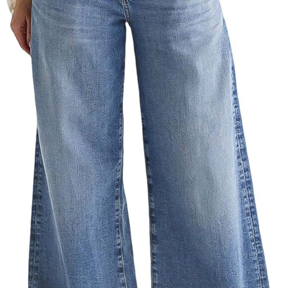 Stylish Women’s Wide Leg Baggy Jeans - Mid Blue High Rise with Stitch Detail - Picture 1 of 7
